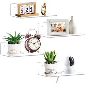 9 Inch Acrylic Floating Shelf, No Drill Adhesive Wall Shelf Set of 4 for Storage, Floating Shelves Damage-Free Expand Wall Space for Living Room, Office, Gaming Room, Bathroom