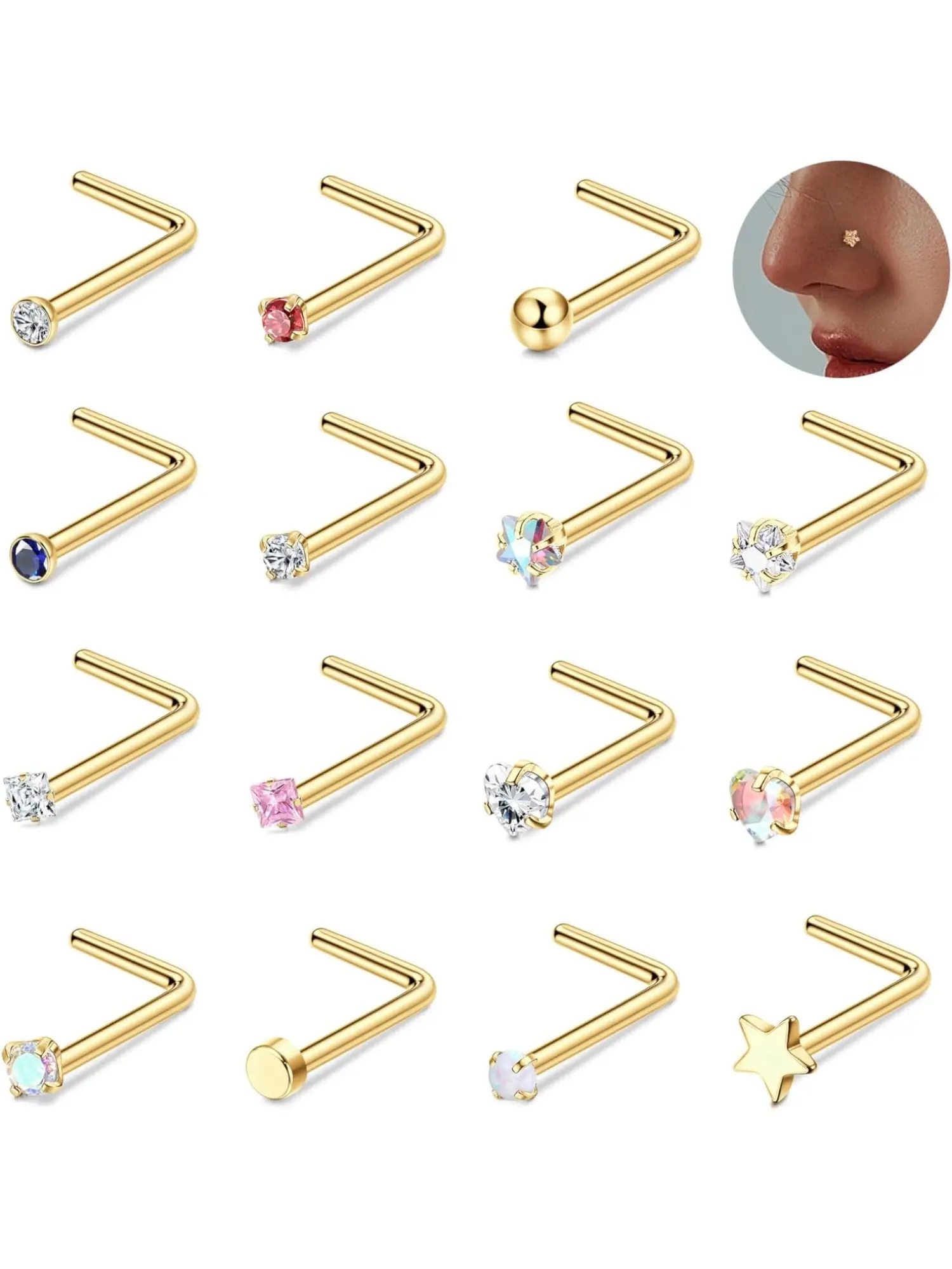 20G Nose Ring 15-Piece Set: Surgical-grade stainless steel nose studs, 20G L-shaped nose studs, gold-plated nose studs, cubic zirconia (CZ) and opal nose rings, cute L-shaped and star-shaped nose rings—suitable for both men and women, Body Jewelry
