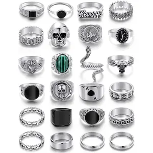 Vintage Silver Punk Rings Set for Men, Cool Gothic Chunky Rings Bulk, Skull Snake Spade Ace Malachite Stackable Hippie Knuckle Rings Pack, Trendy Men's Jewelry Gift for Him