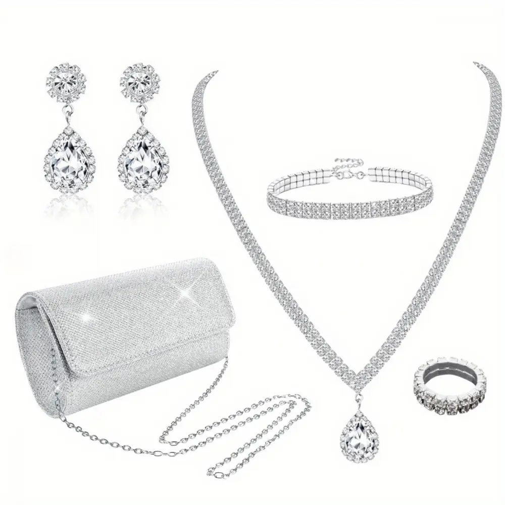 Women's 5PC Silver CZ Rhinestone Jewelry Set with Clutch Purse Evening Bag, Necklace, Dangle Earrings, Bracelet, Ring - Glamorous Bridal Party Accessory for Wedding, Dinner Date
