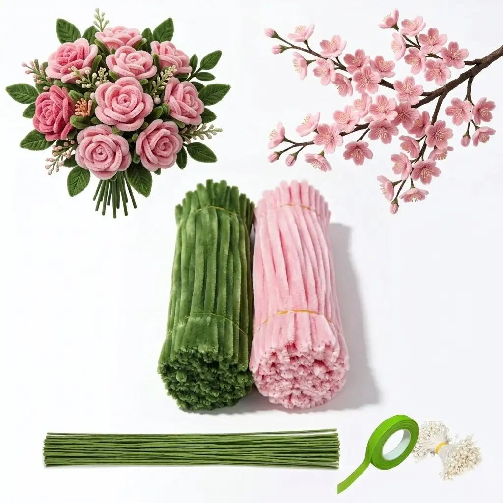 Thick DIY Artificial Rose Pipe Cleaner Craft Set, 331-Piece Flower Bouquet Making Kit (Morandi Pink & Army Green 2-Color Boxes) with Floral Wire, Gardening Tape & Stamens for Floral Arranging Decor