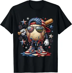 Baseball Drip Ice Cream American USA Flag Boys 4th of July T-Shirt  Cotton Shirt