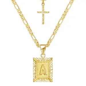Initial Letter Pendant Necklace for Men Womens,Square Capital Monogram Necklace Alhpabets from A-Z Figaro Chain Necklace Gifts DealsForYouDays
