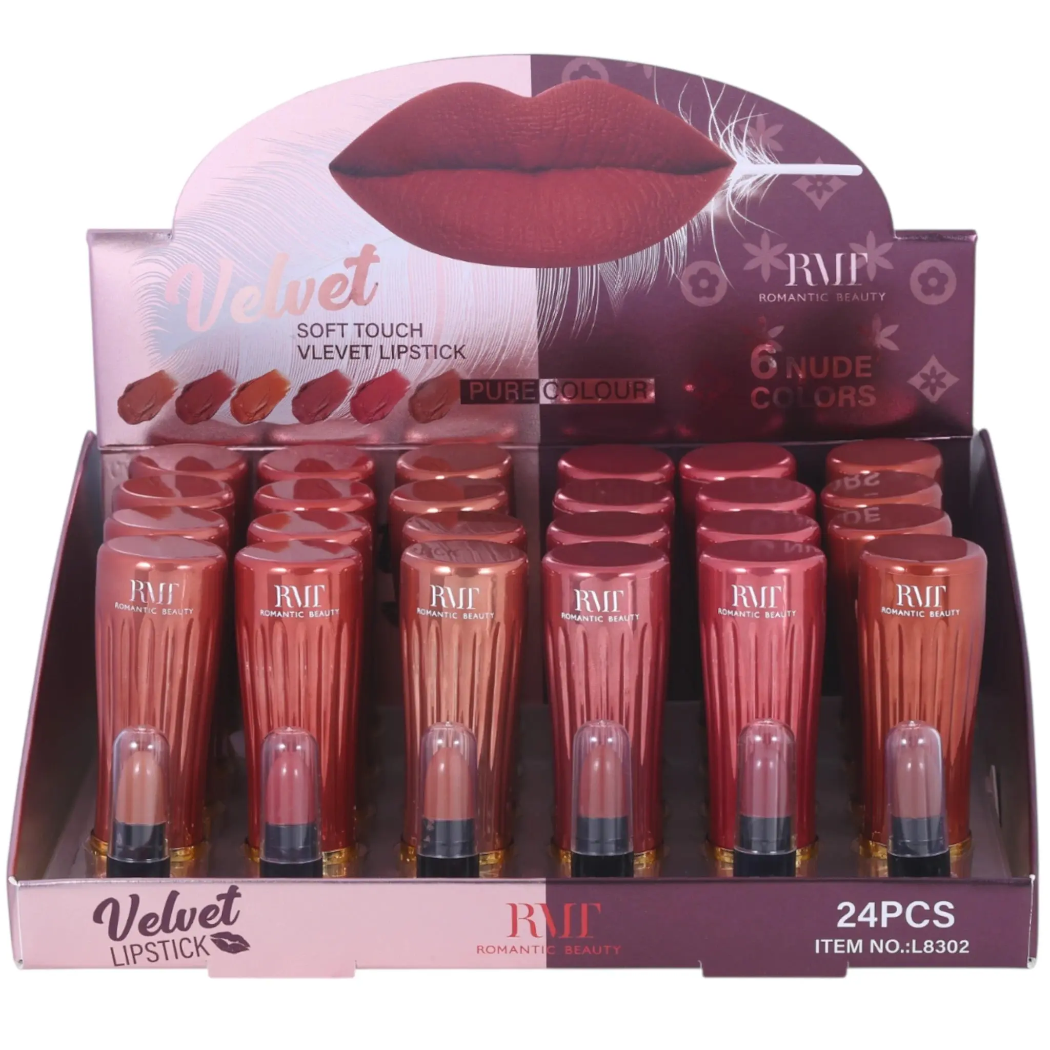 Lápiz Labial Velvet Soft Touch Romantic Beauty -  Venta al por Mayor Display 24 Unidades (L8302)