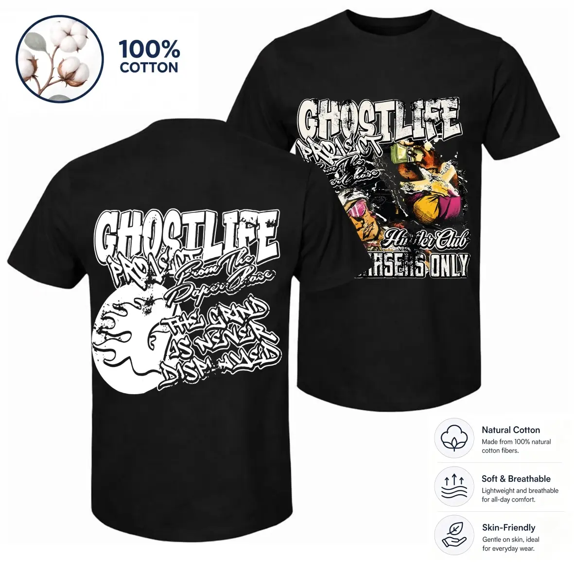 Men's 100% Cotton Y2K Tee -American Street & "GHOSTLIFE" Hip-Hop Graphic Print T-Shirt, Soft Breathable Short Sleeve Casual Tee for Summer Streetwear, Unisex,Daily Wear,Suitable For All Seasons