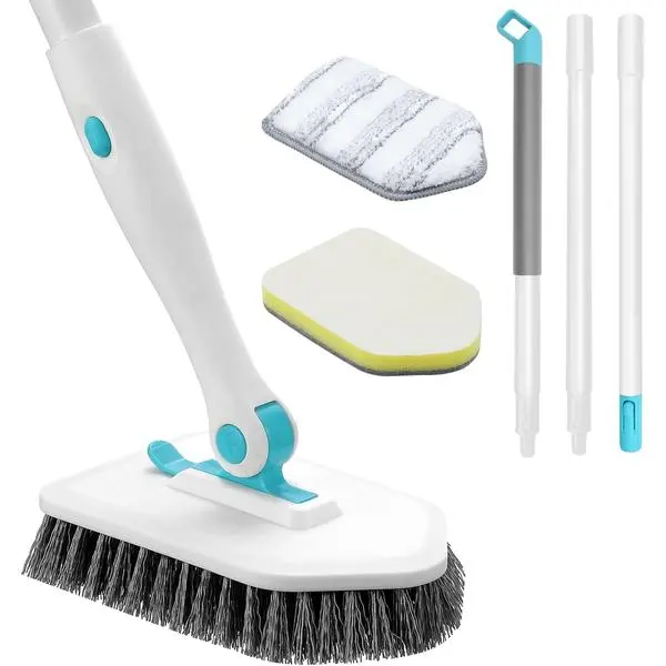 nacena Shower Scrubber with Long Handle, 3 in 1 Tile Tub Scrubber Brush with 3 Detachable Cleaning Heads Adjustable Handle Shower Cleaner Brush for Bathroom, Kitchen, Toilet, Wall, Sink, Blue White