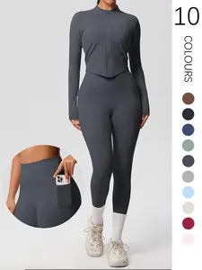 Women's Solid Zip Up Crop Jacket & High Waist Leggings Tracksuit Set, Casual Breathable Comfortable for Yoga Gym Workout Running, Ladies Sportswear for All Seasons, Sweatsuit With Pockets, Yoga Suit Outdoor