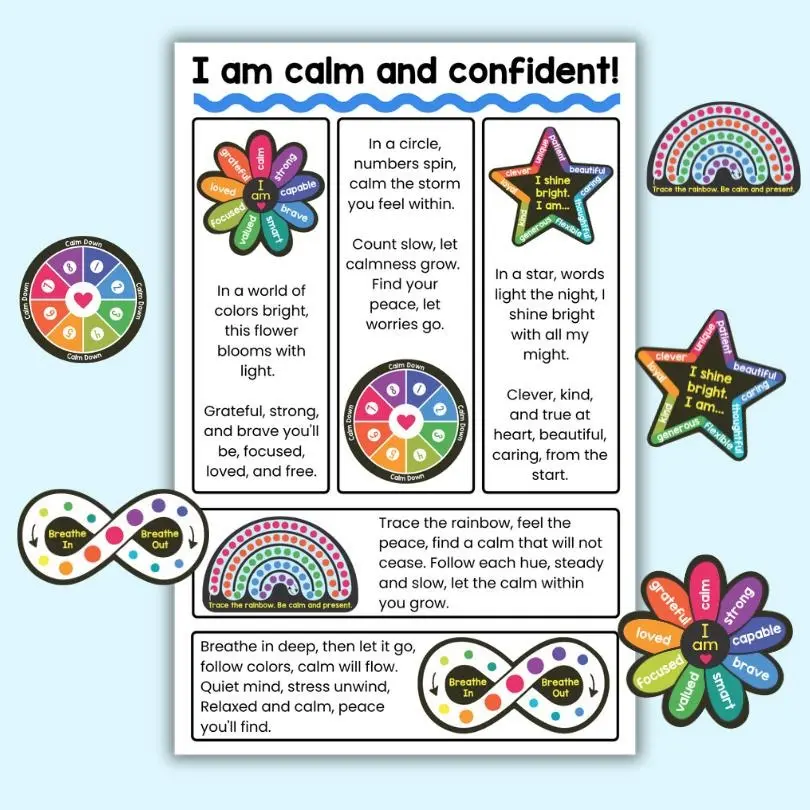 Textured Sensory Stickers and Poster Set for School - 11" x 17" Calming Affirmation & Breathing Poster with 5 Reusable Textured Stickers
