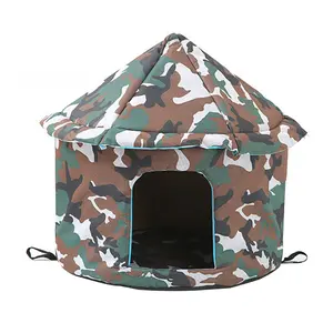 Cat Houses for Outdoor, Cat House with Water-Resistant Canvas Roof, Cat Dog Tent Cabin Outdoor for Feral Cats, Outdoor Stray Cats Shelter (Camouflage Round, M)