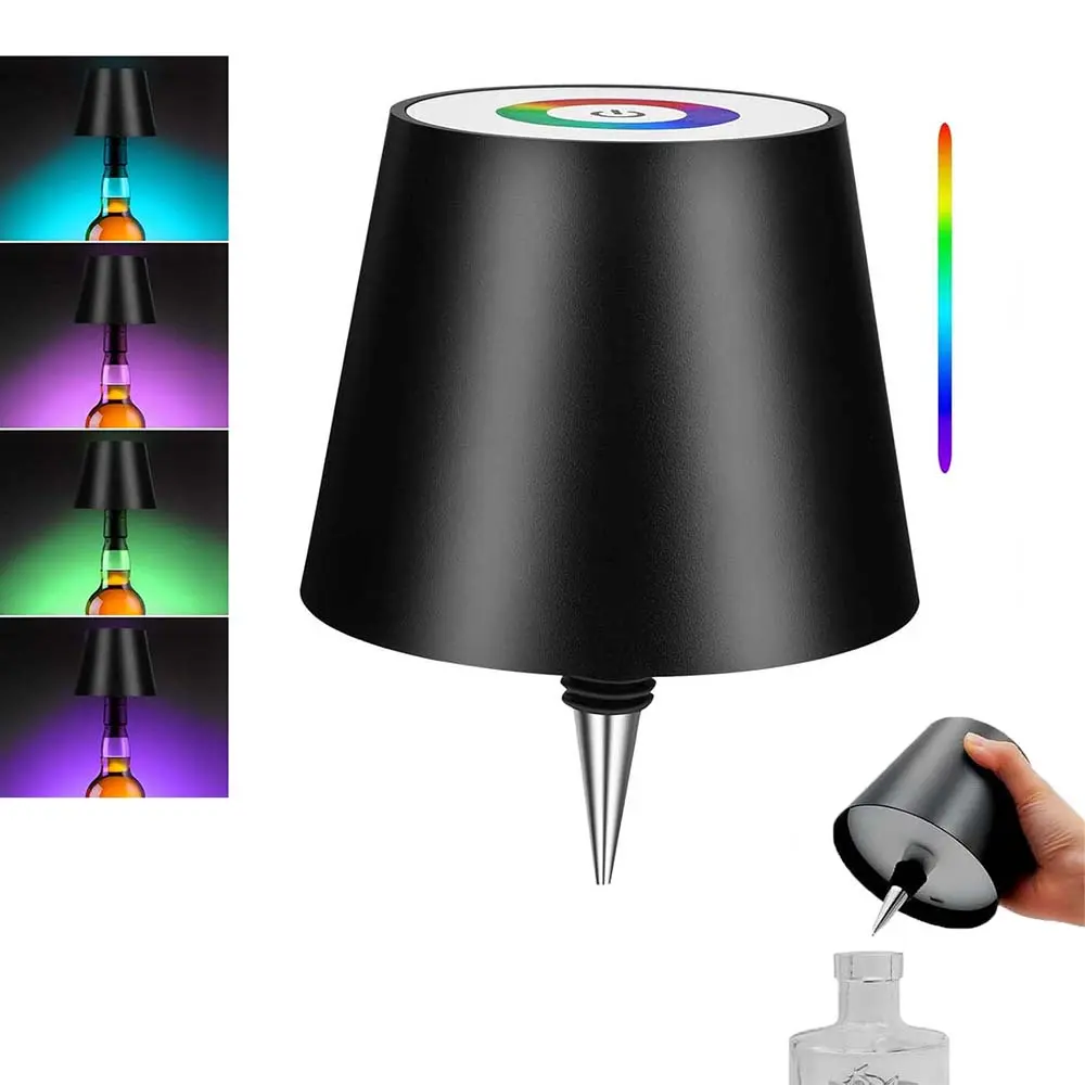 Wine Bottle Stopper Light Topper, Black Modern LED Lamp Head with RGB Touch Dimming, Cordless Bottle Stopper Desk Light, Aesthetic Bar Restaurant Home Decor
