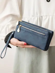 Vintage Women's Long Wallet With Wristle, Minimalist Bifold Large Capacity Artificial Leather Wallet With Zipper Pocket, Ladies Clutch Bag Hand Purse, Money Bag Purse, With Card Slot, ID Window
