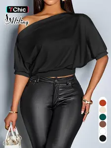 Aliling Elegant Casual Women's Plain Short Sleeve High Waist Fitted T-Shirt, Stylish All Seasons Fashion Top, Slanted Neck Design