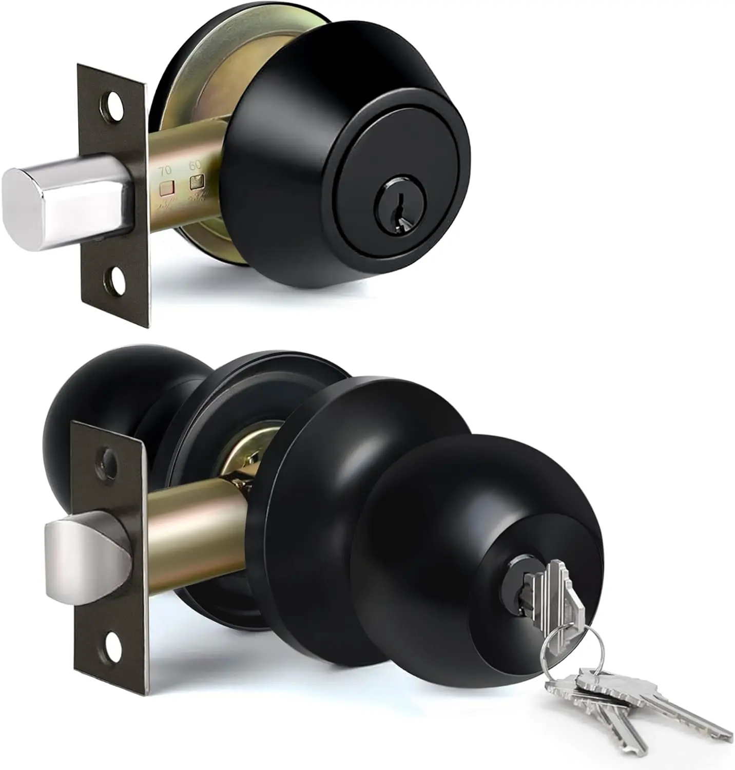 Keyed Alike Exterior Door Knob with Key Lock and Deadbolt, All Keyed Same, Matte Black Entry Door Knobs with Lock and  for Entrance and Front Door