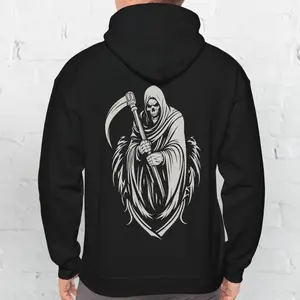 Men's Grim Reaper with scythe Graphic Hoodie - Cotton Blend Black Long Sleeve Pullover Regular Fit | Soft & Breathable Fabric, Durable Print, Everyday Comfort, Machine Washable, gothic horror dark fantasy