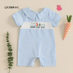 Baby Boy Easter Romper Sleeveless Round Neck Bunny Train Embroidery Jumpsuit Newborn Playsuit Bodysuit Cute