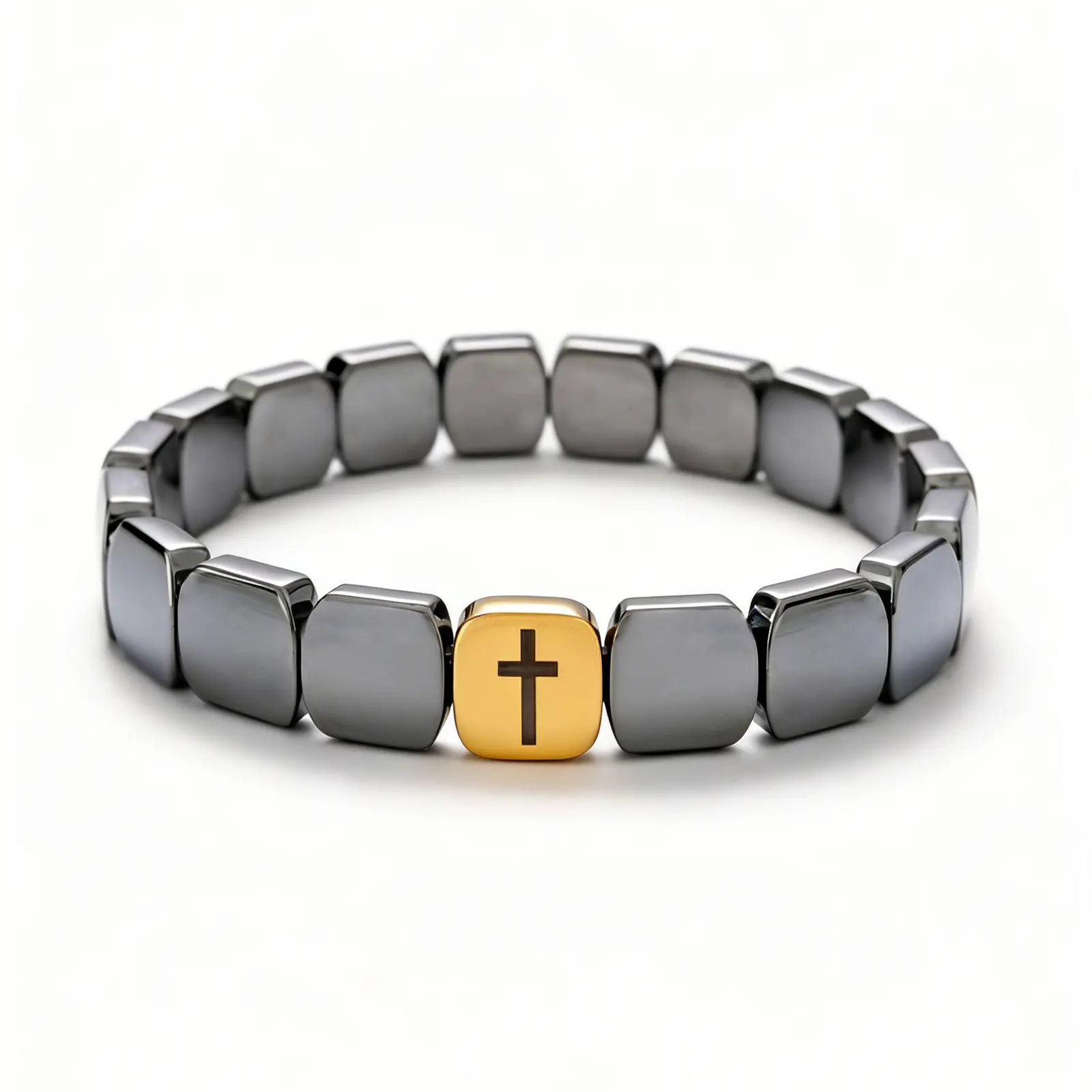 Men’s Hip Hop Streetwear Wrist Accessory, Stylish Cross Charm Black Hematite Stretch Beaded Bracelet, Elastic Comfortable Daily Stackable Hand Jewelry Gift for Him Viral Trend
