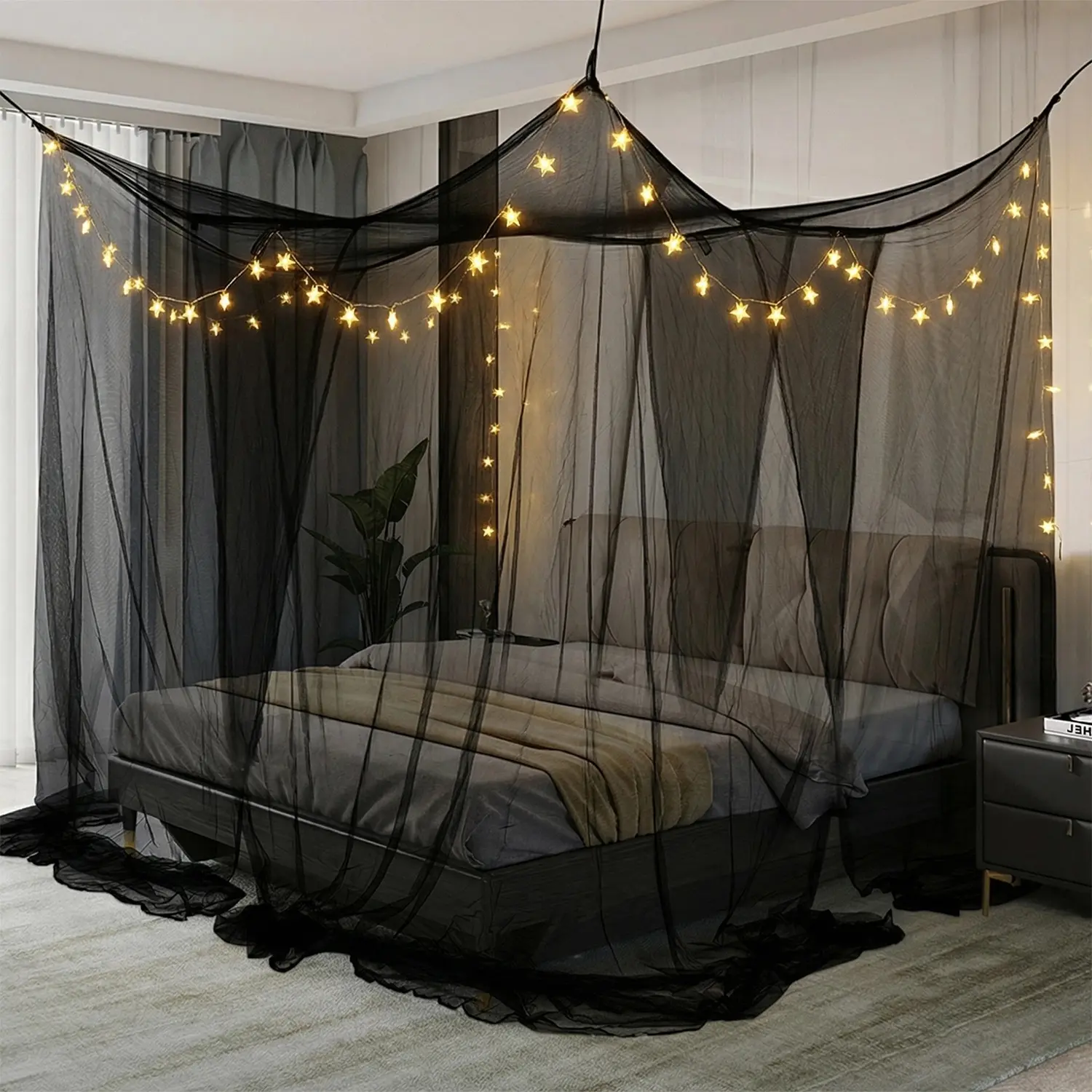 4 Door Canopy Bed Mosquito Net with LED Fairy Lights – Elegant Black Bed Curtains for Queen/King Size, Romantic Bedroom Decor & Bug Protection luminous star baby girl princess Mesh Netting Sides outdoorfun Felt Fabric