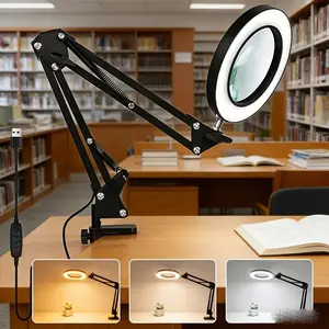 High Magnification Desktop Magnifying Glass with Light, Electronic Reading Lamp, 3 Color Modes, Adjustable Arm, 360 Degree Rotating Head, Desk Accessories