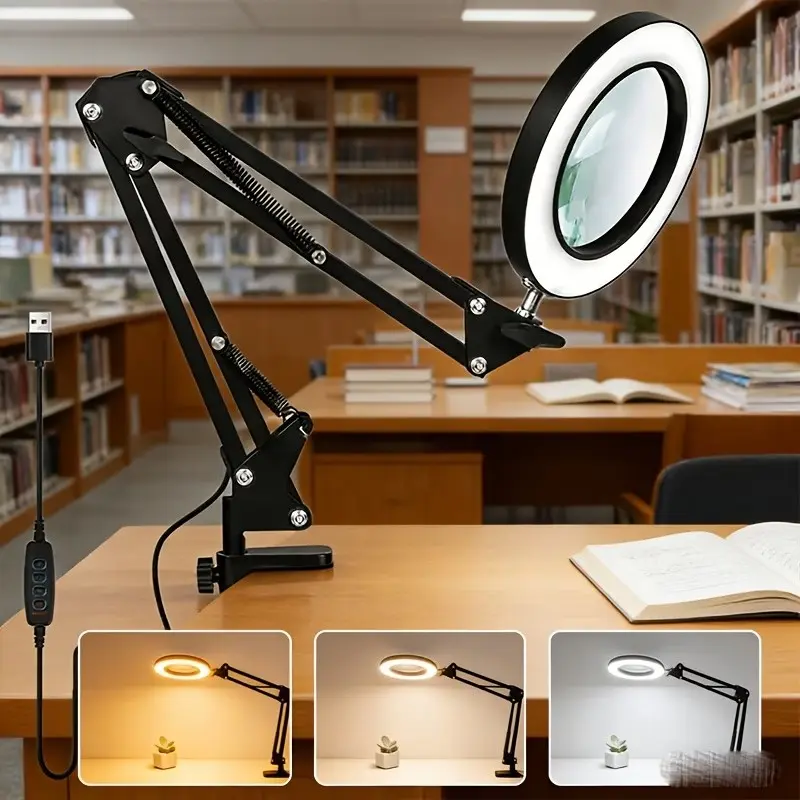 High Magnification Desktop Magnifying Glass with Light, Electronic Reading Lamp, 3 Color Modes, Adjustable Arm, 360 Degree Rotating Head, Office Desk Accessories, Office Desk Supplies