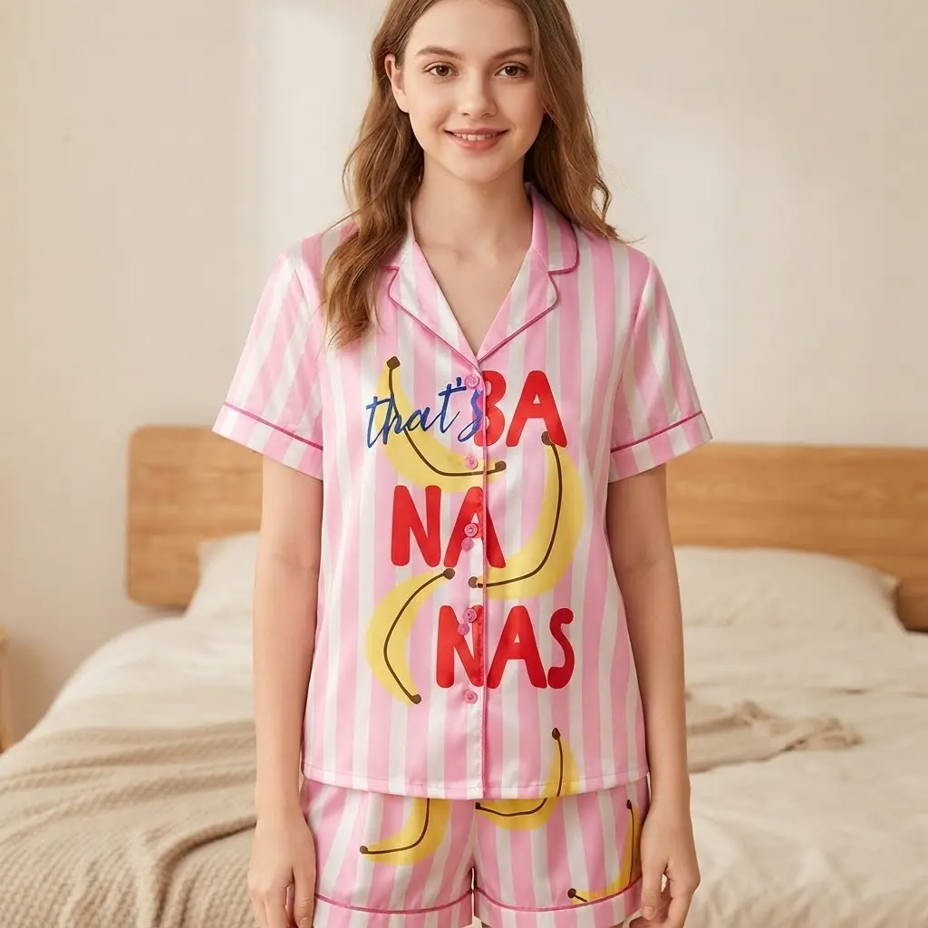 That's Bananas Pajama Set, Summer Fruit Food Pun Long Sleeve Sleepwear, Silky Satin Yellow Banana Pjs, Cute Fruity Aesthetic Lounge Set