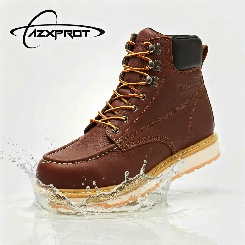 AZXPROT Men's Premium Waterproof Leather Boots, Soft Cushioned Work Boots with Lightweight Wedge Sole, Breathable Cowhide Upper, Non Slip Rubber Outsole for Construction, Carpentry, Hiking, Camping, Outdoor Activities and Daily Comfort Boy Closed Shoe