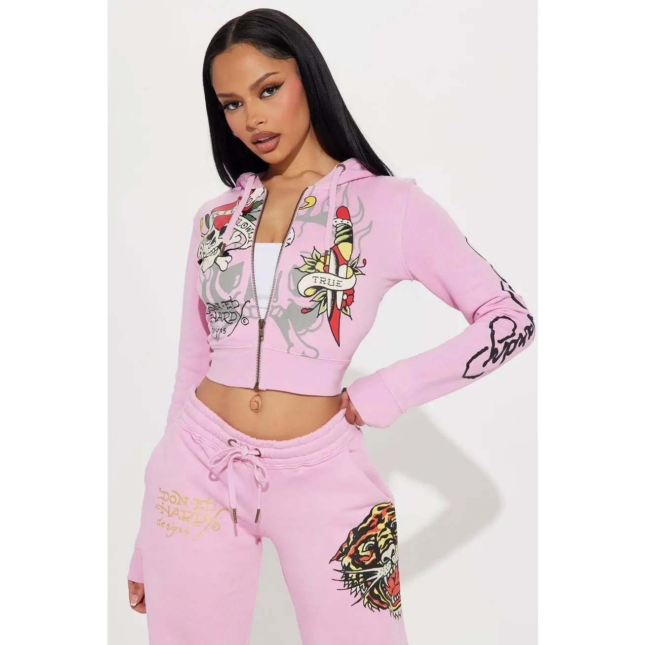 Ed Hardy Tiger Roar Zip Up Hoodie - Pink D