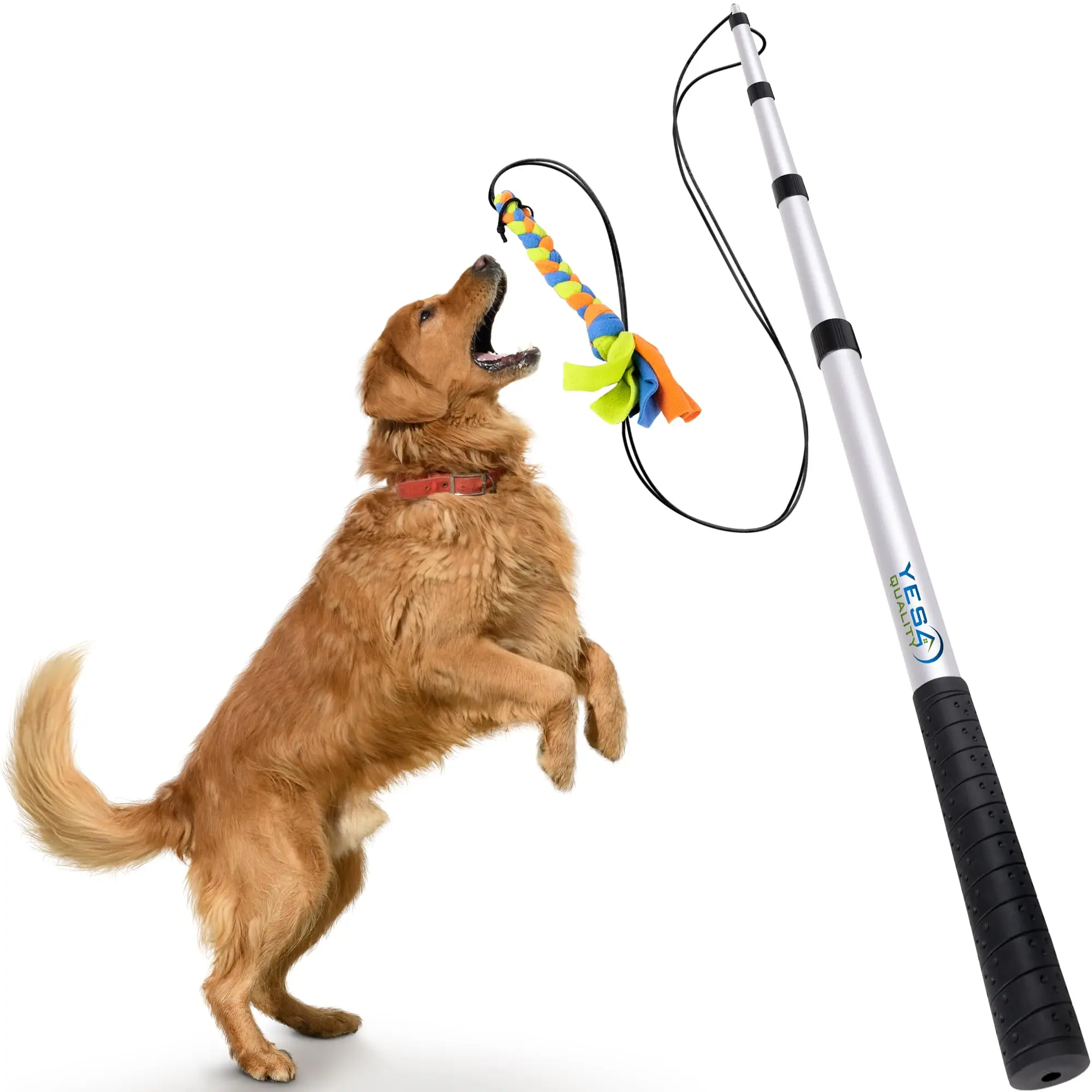 YES4QUALITY Metal Dog Flirt Pole - Aluminium Alloy, Durable, Lightweight, Safe for Large Breeds, Non-Bungee Cord Spring Pole with Braided Animal Wobbler Ropes, 46" Cord Length, 45" Max, 18.5" Min, Exhausts Fast for Tug-of-War Play & Complements Exercise