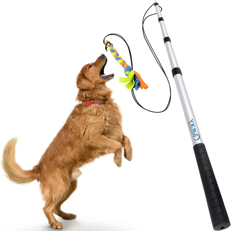 YES4QUALITY Durable Aluminium Alloy Dog Flirt Pole - Non-Bungee Spring Pole, 12" Lure, 46" Chase Distance, Braided Rope Wobbler, Non-Slip Grip, Easy Control, Lightweight, 18.5"-45" Cord, Trains Sit/Down/Stay, Tugs-for-War, Exercises Large Breeds