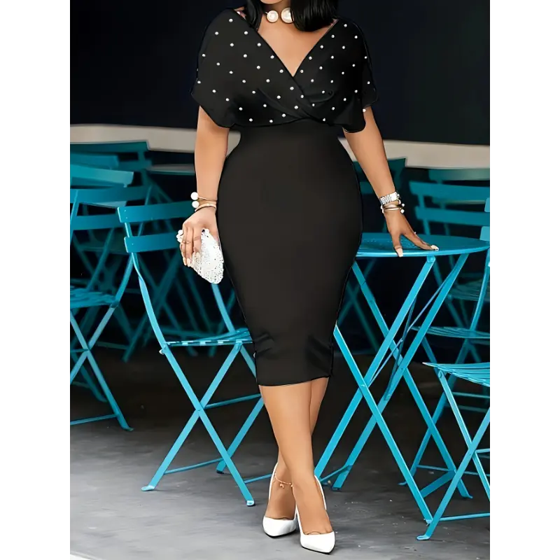 Stunning Surplice Neck Batwing Sleeve Bodycon Dress-Elegant Pearl Beaded,Micro Elastic Nylon Fabric, Machine Washable,Summer Black Casual Pink Vneck
