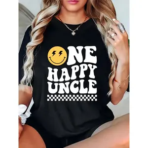 Unisex "One Happy Uncle" Smiley Lightning Checkered T - Shirt, Casual Family Gathering Outfit for Uncles, Ideal for Father's Day & Daily Wear