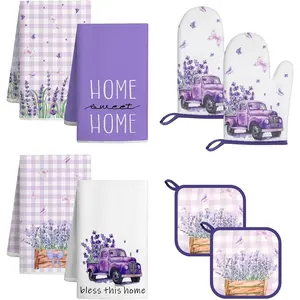 8 Pcs Lavender Spring Kitchen Towels Pot Holders and Oven Mitt Set Kitchen Accessories 4 Dish Towels 2 Absorbent Square Potholders 2 Heat Resistant Glove for Cooking Baking Home Gifting