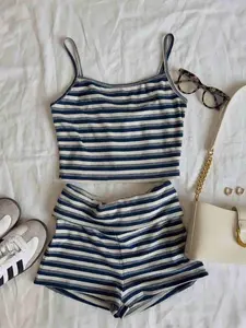Women Striped Two Piece Set Crop Cami Spaghetti Strap Top and Shorts Lounge Set Casual Fashion Summer Outfit Y2K Matching Set Soft Comfortable Pajama Vacation Beach Wear Cute Co Ord Set Blue White Womenswear