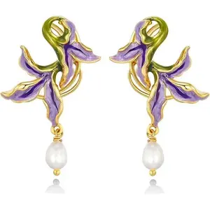 SNGIA 18K Gold Plated Purple Green Enamel Orchid Pearl Drop Statement Earrings for Women Elegant Jewelry