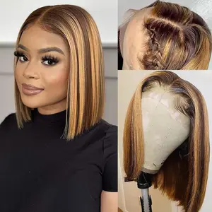 12 Inch Highlight Ombre Bob Wig Human Hair Straight P4/27 Honey Blonde Bob Lace Front Wigs 13x4 HD Lace Front Short Bob Wig 180% Density Glueless Straight Bob Wigs For Women Pre Plucked With Baby Hair