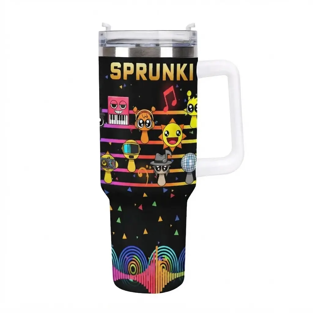 20oz & 40oz Sprunki Music Themed Insulated Stainless Steel Car Tumbler with Handle, Leak Proof Travel Cup with Lid, Vibrant Cartoon Musical Character, Note & Disco Ball Pattern, Ideal for Kids Adults Sprunki Fans, Daily Use & Gift, 3 Color Options