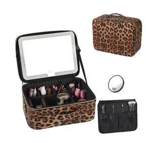 Leopard Print LED Light Makeup Mirror Box, Portable Travel Cosmetic Organizer, Rechargeable 3-Color Lights, Detachable 10x Magnifier, Adjustable Compartments