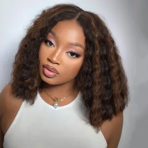 Deep Wave Wigs Highlight Curly Wig, Synthetic Hair Short Bob Wave Wigs for Women, Middle Part Curly Wave Daily Life Or Party Use