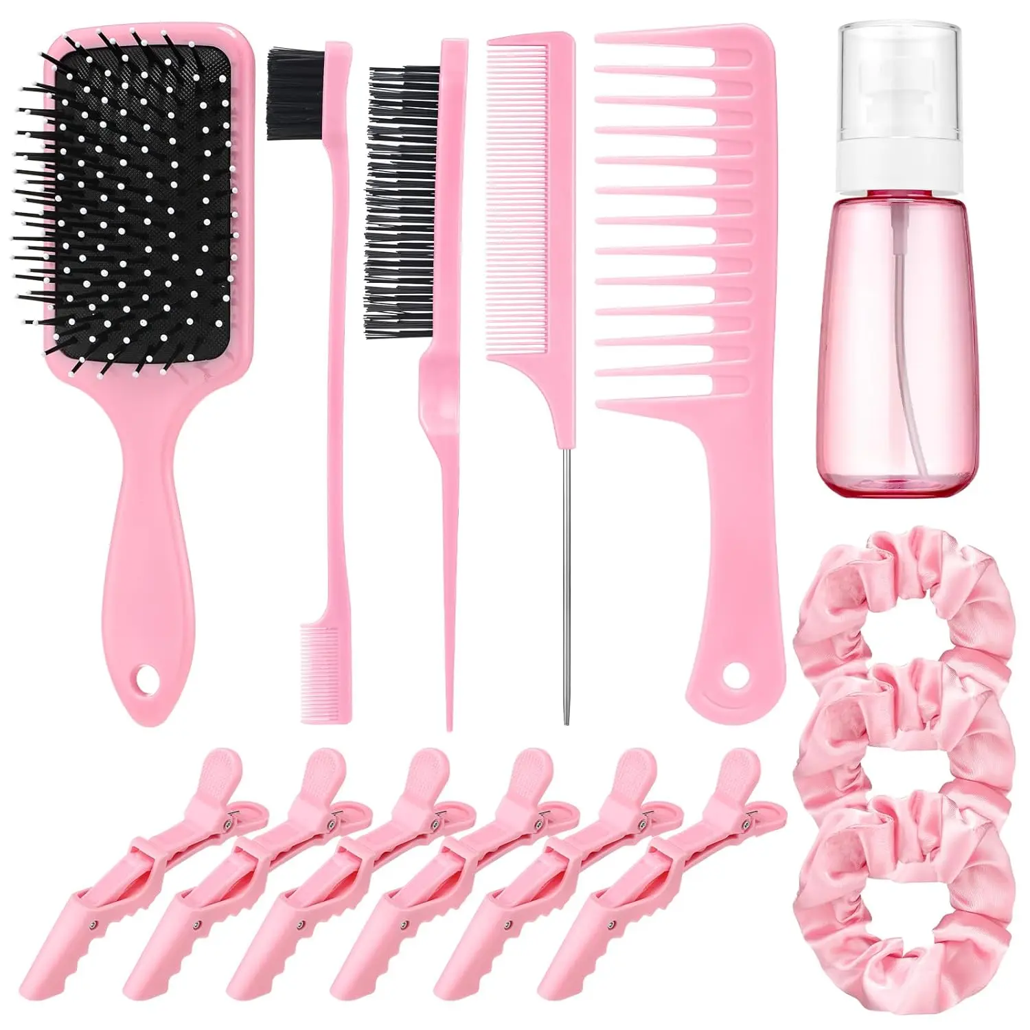 15 Pcs Slick Back Hair Brush Set with Bristle Brush, Edge Brush, Spray Bottle & Hair Clips, Hair Styling Kit for Sleek Bun, Ponytail & Smooth Edges (Pink)