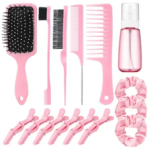 15 Pcs Slick Back Hair Brush Set with Bristle Brush, Edge Brush, Spray Bottle & Hair Clips, Hair Styling Kit for Sleek Bun, Ponytail & Smooth Edges (Pink)