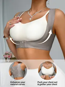 Women's Seamless Chest Support Top, Front Buckle Design, Adjustable Strap Bra, Casual Slimming Back Shaping Underwear, Comfortable Daily Wear, Snatched Body Bra