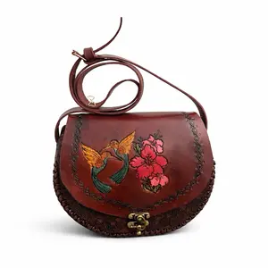 Handmade Tooled Leather Crossbody Purse Western Genuine Leather Handbag Artisan Hummingbird Butterfly Design Vintage Brass Clasp Braided Edges 10.5"x9.5"x4"