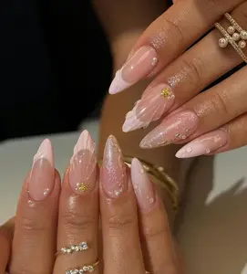 Beachy Pink Press On Nails, Handmade 3D Mermaid Nail Art, 3D Gel Marble Press Ons with Pearls and Starfish, Wedding Nails, Luxury Nails