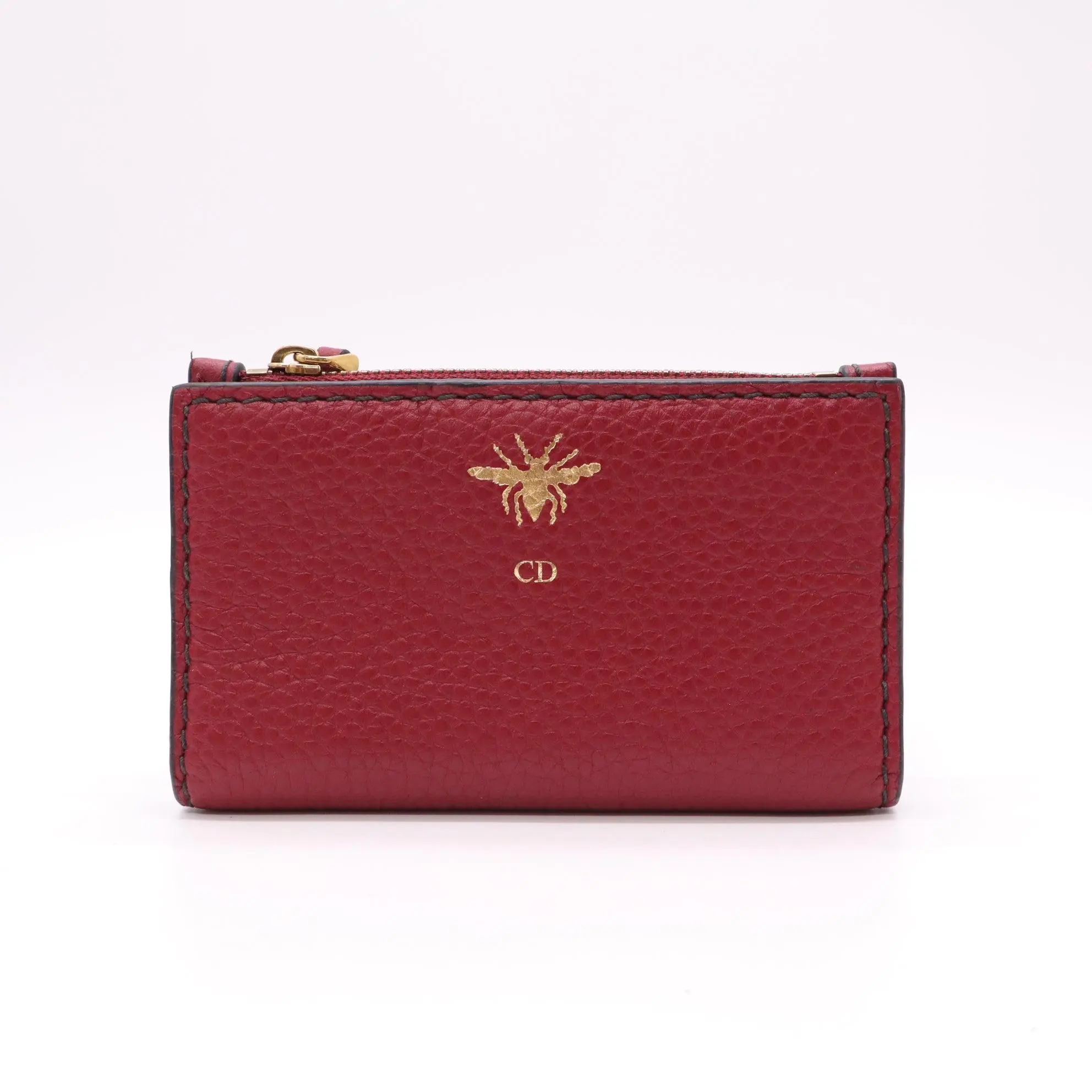 Pre-owned Dior Leather Small Leather Goods Christian D Bee Grained Calfskin Zipper Card Holder Wallet W22128