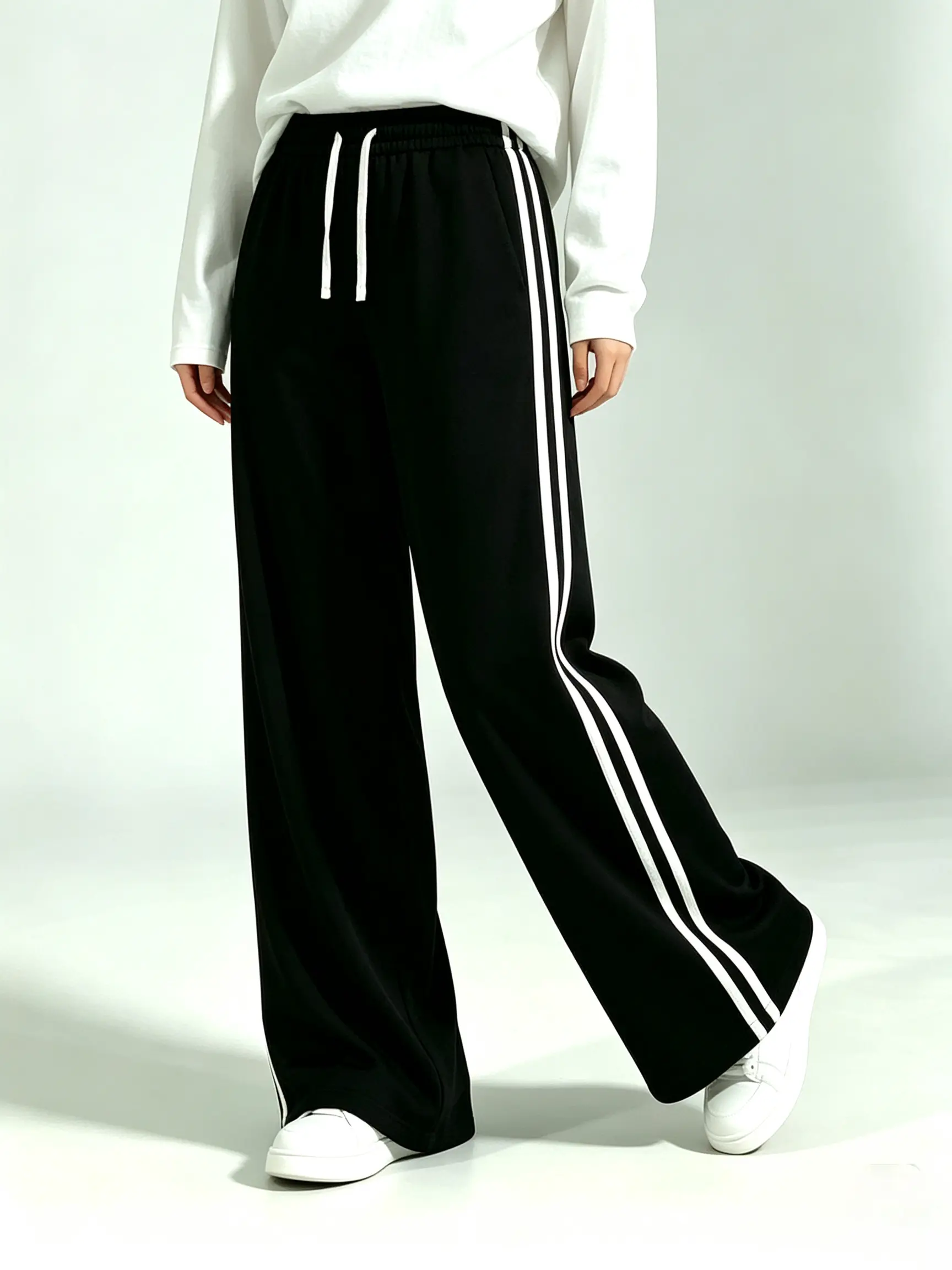 Women’s Soft Smooth Basic Knit Bottom Pants, Wide-Leg with Elastic Drawstring Waist, Side Double White Stripe Contrast Detailing, Fleece-Lined Version Available, Casual Loose-Fit All-Season Long Pants, Comfortable