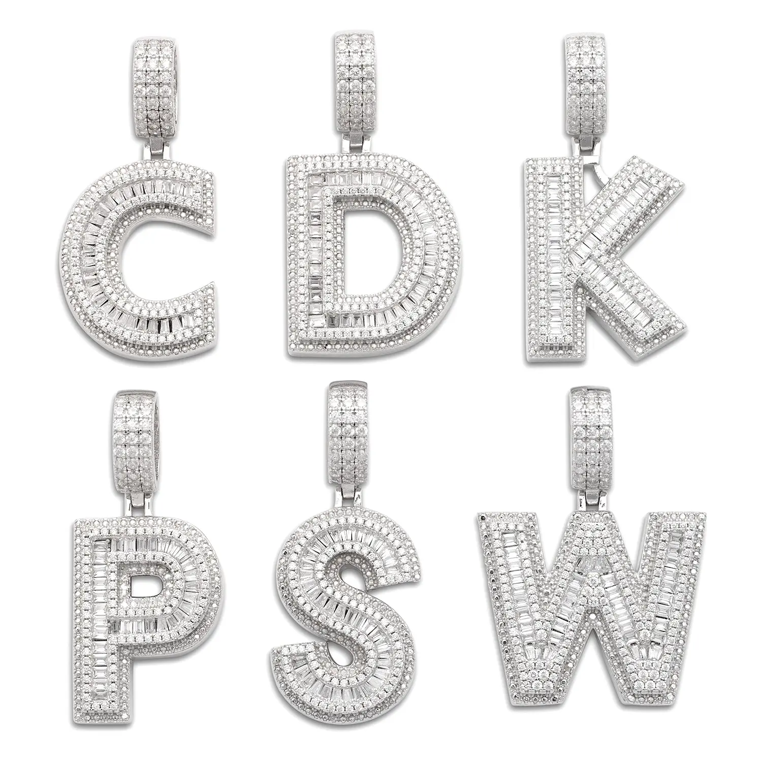 BETTER JEWELRY Pendant, Iced Out Block Letter (P, T, B) Initial in .925 Sterling Silver for Unisex Names with CZ Baguette Stones & Micro Pave, 1.5" H x 1"