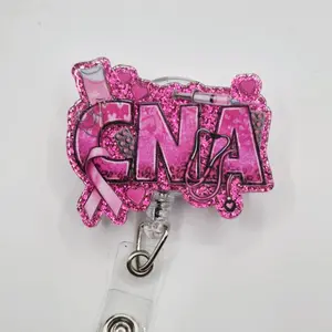 CNA Certified Nursing Assistant Pink Ribbon for Breast Cancer Awareness Glitter Acrylic Retractable Badge ID Reel Belt or Alligator Clip