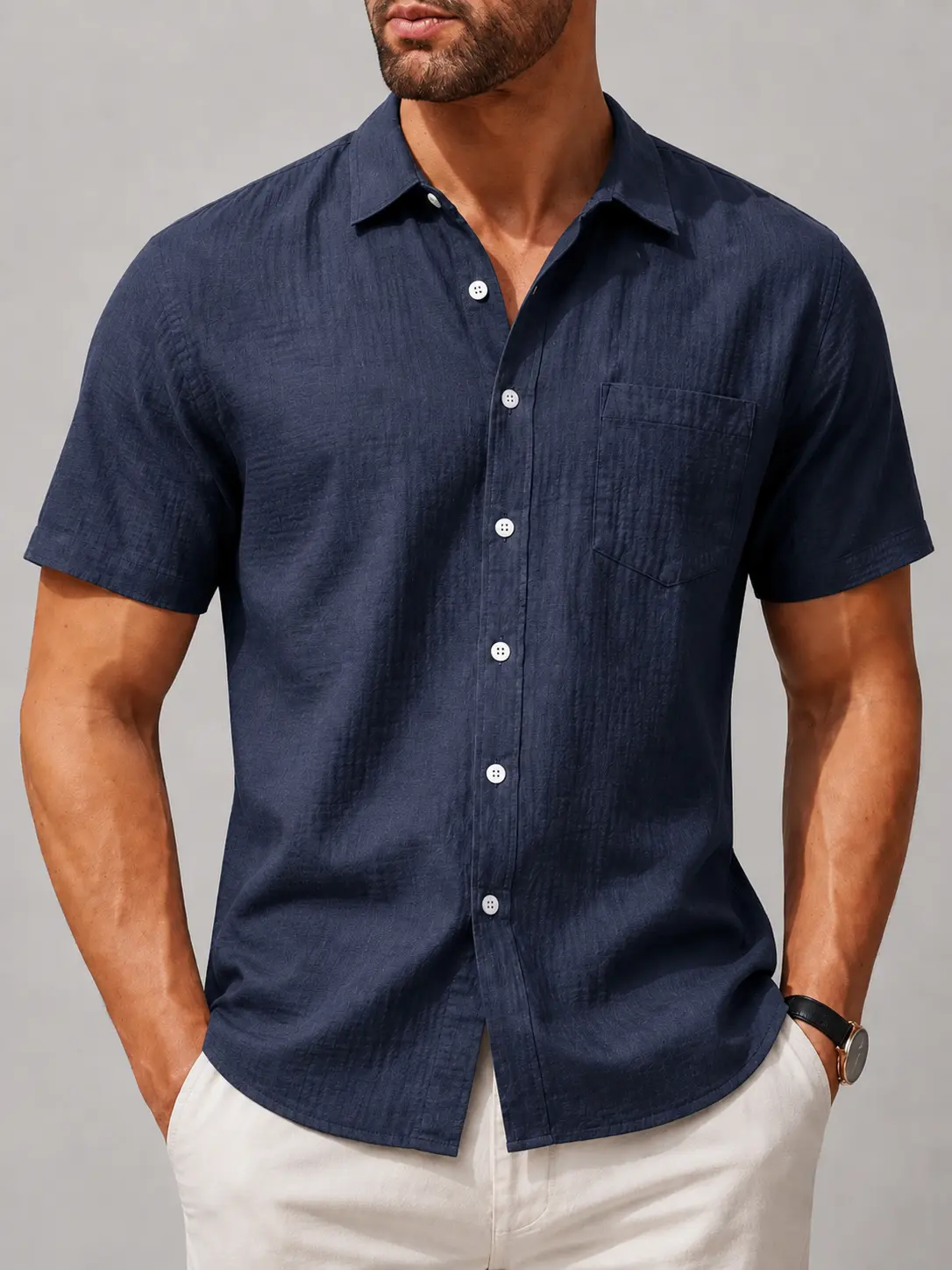Men’s Linen Short Sleeve Button Up Shirt, Relaxed Fit Solid Urban Casual Top with Chest Pocket for Work, Office, Commute, Travel & Daily Wear