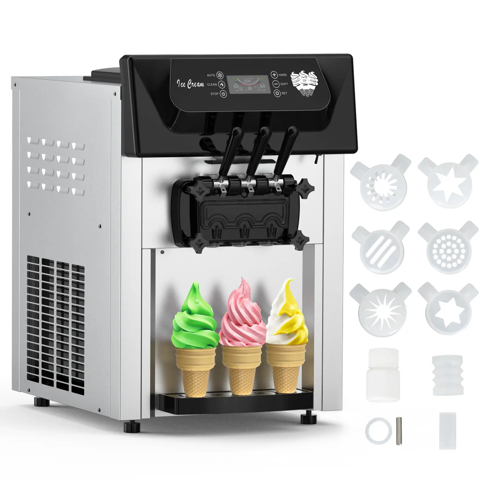 Commercial Soft Serve Ice Cream Machine,5.3-7.4gal/h, 2200W Countertop Ice Cream Maker, 3 Flavors, 2 x 1.6gal Stainless Steel Hopper,Auto Clean, LED Screen, for Restaurant Snack Bar Home