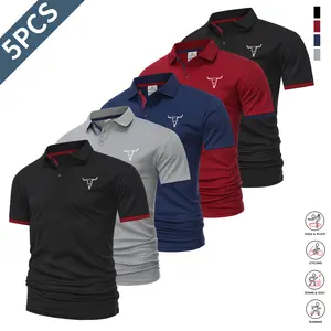 5-piece set: casual men’s short-sleeve polo shirt, quick-dry golf and tennis shirts, comfortable riding apparel, fashionable men’s sportswear; suitable for casual gatherings and holiday travel; contrast design at the neckline and sleeves.