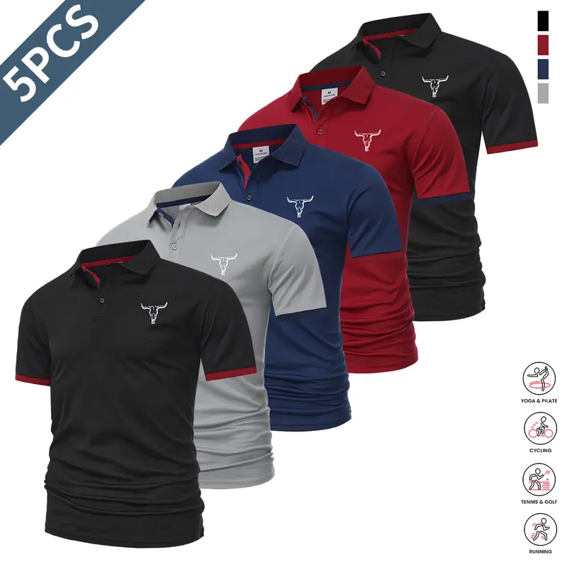 Men's 5-Piece Short-Sleeve Polo Shirts Set - Quick Dry, Comfortable, Contrast Neck, Tennis-Day Ready, Free Motion, Biking, Polo Shirt for Active Wear, Men's Clothing